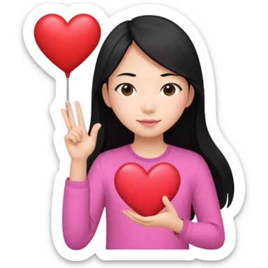Asian girl long pink shirt hair with heart sign sticker
