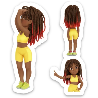 African American girl with long brown dreadlocks with red tips, In yellow working out clothes in various work out poses sticker