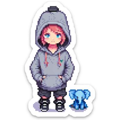 pixel art child with hoodie, elephant in hoodie, black shoes, top hat, blue eyes sticker