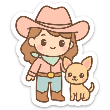 femme cowboy avec son chihuahua, style kawaii sticker