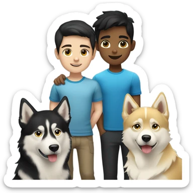 Black hair boy, blond hair boy and a one golden Husky with blue eyes famille sticker