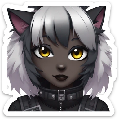 Gorgeous furry dark cyberpunk techwear anime style anthro black cat fursona with blushing face aesthetic and pretty edgy black with collar and harness trending style sticker