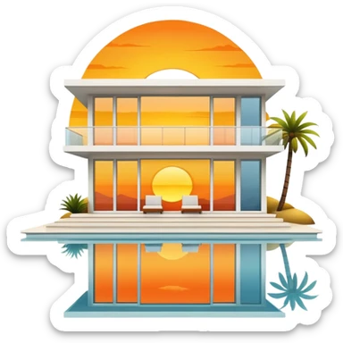 contemporary villa with large windows reflecting a yellow and orange sunset sticker