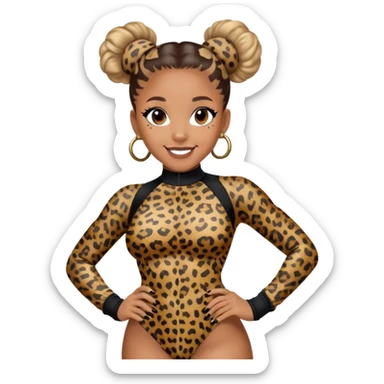 Melanie Brown smiling with her hair in space buns and wearing a tight leopard print two piece bodysuit and black combat boots sticker
