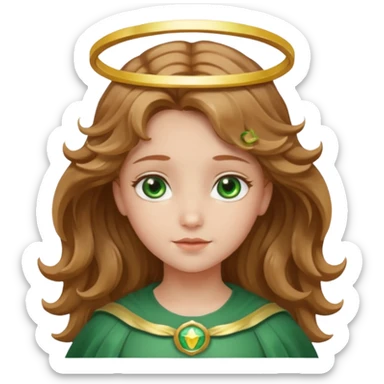Angel girl with light brown wavy hair and green eyes and a halo sticker