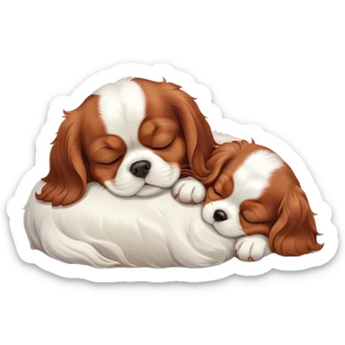 Cinematic Meme-Worthy Chubby Sleeping Cavalier King Charles Spaniel Portrait Emoji, Head resting peacefully with a contented smile, showcasing a delightfully chubby build and a luxuriously soft coat of chestnut and white, eyes shut in a serene nap, Simplified yet hilariously adorable features, highly detailed, glowing with a soft, drowsy light, high shine, relaxed and utterly lovable, stylized with an air of playful laziness, bright and heartwarming, soft glowing outline, capturing the essence of a comically sleepy Cavalier King Charles Spaniel, so meme-worthy it feels like it could instantly become the next viral sensation of adorable slumber! sticker