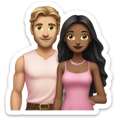 A handsome pale Greek god man who has long brown hair and tanned skin with a pretty black skinny tall model woman who has long black hair and she is wearing a pink dress and they are a couple sticker