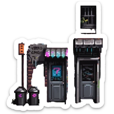 Pixel art background in side-scrolling view, inspired by classic Sega fighting games. Dark urban street in front of an old brick building, with graffiti, broken windows, metal door, trash cans, flickering neon sign, and a streetlamp. Gritty atmosphere, nighttime, subtle rain puddles on the ground. sticker