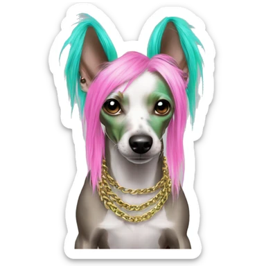 Punk Chinese crested dog neon rainbow cyan green pink hair gold chain punk piercings tattoos punk ear piercings sticker
