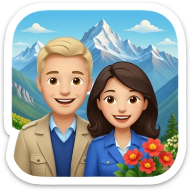 Couple  laughing traveling russian man and elegant  Latina girl delicate flowers and mountains in the background  sticker