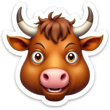 Cinematic Comical Domestic Ox Portrait Emoji, Head tilted dramatically with an exaggeratedly amused expression, featuring a striking, glossy hide with boldly curved horns and wide, expressive eyes brimming with playful disbelief, Simplified yet hilariously expressive features, highly detailed, glowing with a slightly sassy earthy glow, high shine, dramatic yet playful, stylized with an air of cheeky rural mischief, soft glowing outline, capturing the essence of a spirited and over-the-top ox that looks ready to charge its way into internet fame instantly! sticker