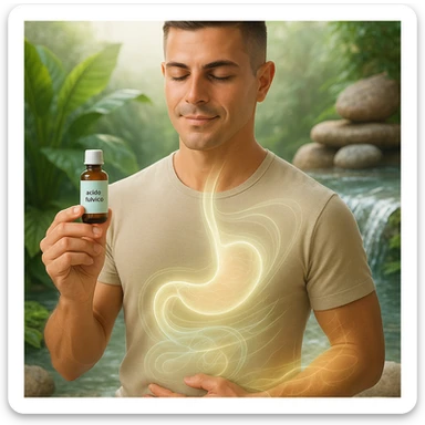 Uomo attento alla salute che tiene in mano una boccetta con etichetta 'acido fulvico' in un ambiente luminoso e naturale. Usa il suo viso dal riferimento. Espressione calma e rigenerata, luce soffusa, energia traslucida che attraversa addome, fegato e pelle. Sullo sfondo elementi naturali come piante, acqua pulita e minerali. Stile wellness pulito, semi-realistico, atmosfera olistica e rigenerante, testo in italiano. sticker