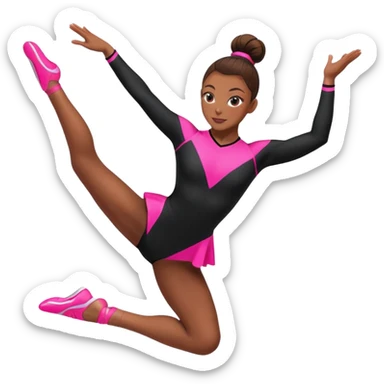 A female gymnast with brown hair in a neat bun, wearing a black uniform with neon pink elements, performing an acrobatic move. A female gymnast with brown hair in a neat bun, wearing a black uniform with pink elements, performing an acrobatic move. sticker