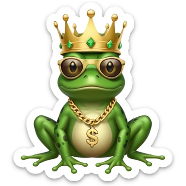 gangster frog wearing a gold crown, cool sunglasses, gold chain, dollar sign chain sticker