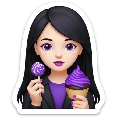 girl with long black hair, black clother with eating disorder purple sweet food sticker
