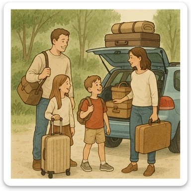 una familia viajando, estilo realista simple, simple realistic style sticker