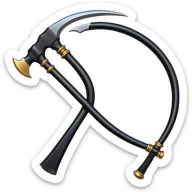 The scythe of the God of Death, a symbol of death, is long and straight, entirely in deep black. sticker