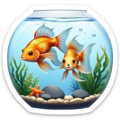 Large aquarium fish like veil tails and lionhead goldfish swimming gracefully in a beautifully decorated aquarium. Colorful aquatic plants, smooth rocks, and gentle bubbles surround the fish. The water shimmers in sunlight, creating a peaceful and vibrant underwater scene. Transparent background. sticker