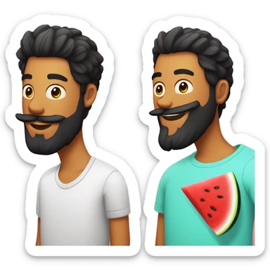 Black beard man with friend chiken in one and in the other one a slice of watermelon sticker