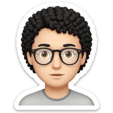 A white boy with black curly hair with classes brown eye sticker