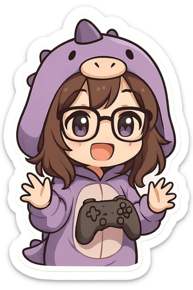 Create a chibi anime style gamer girl with glasses, brown hair, dark purple eyes, wearing a purple dinosaur costume. She should look happy with eyes open, hands visible and expressive, and no controller. The background should be transparent (no background). sticker