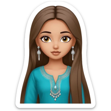 generate a pretty bratz girl wearing a kurti, eyeliner on, long straight hair, silver jhumkas in ear sticker
