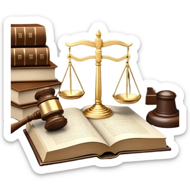 An icon featuring a gavel, legal scales, and a law book, symbolizing the study of law. The design includes a courthouse silhouette in the background, representing justice and legal systems. Transparent background highlights the principles of law and legal practice. sticker
