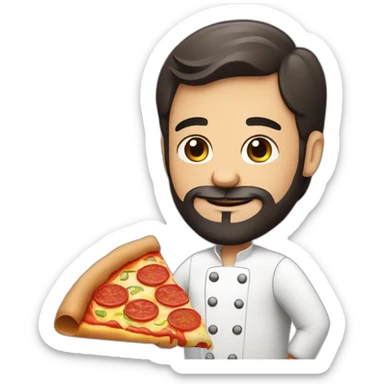 Pizza chef with dark hair and beard, holding a Pizza sticker