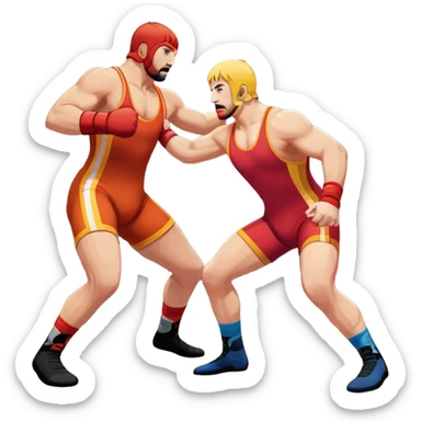 An icon showcasing two wrestlers engaged in a dynamic free wrestling match. The athletes are in mid-action, one attempting a takedown while the other defends. The background features a wrestling mat, and the fighters wear traditional singlets. Transparent background  sticker