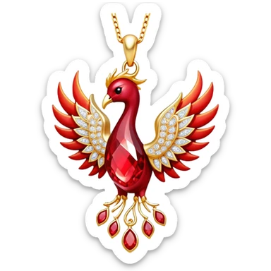 ruby pendant pulsing with fiery light, tiny phoenix emerging inside, haloed by shimmering white stones sticker