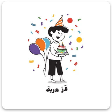 Vibrant, multi-colored illustration of a little boy with a colorful birthday cake, lots of colorful confetti, balloons, and party elements. Below the illustration, in a separate text area, write in very clear, large Persian characters: "امیدرضا جان تولدت مبارک" sticker