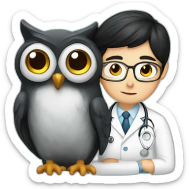 scientist-with-black-hair-hugging-an-owl-in-hospital sticker