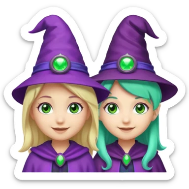 Make a blonde girl with green glowing headset on with teal eyes and a purple haired girl with green eyes waering a purple wit hes hat haveing fun , make them a chibi emoji page sticker