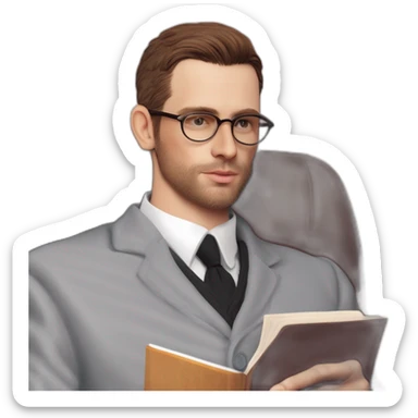 Pale skinned Fit Man With dark brown hair in gray jacket, beige office shirt, Brown pants and vintage glasses sitting In a soft chair with a notebook and a pen Fooling with his tongue sticker