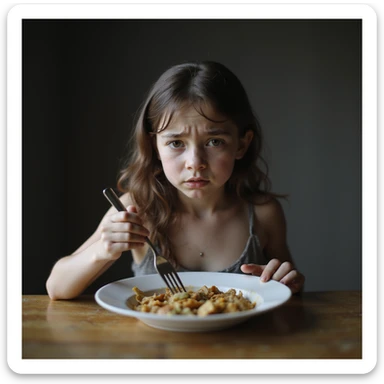 hyperrealistic 4K image of a very thin young woman with a tired and stressed face, prominent dark circles under eyes, sitting at a table with an almost empty plate, pushing food with a fork without eating, natural light, atmosphere of stress and discomfort, detailed sticker
