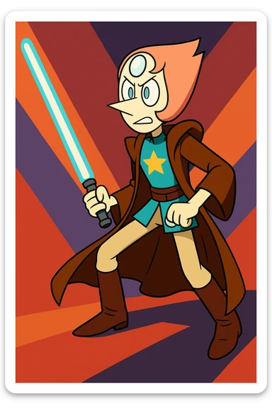 Pearl from Steven Universe in Jedi attire, ready for battle, Star Wars crossover, vibrant colors sticker