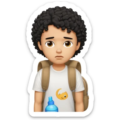a pretty bratz guy with black curly hair wearing a white tshirt and brown backpack looking tired sticker