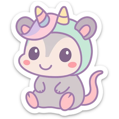 cute cartoon possum dressed up like a unicorn, kawaii style sticker