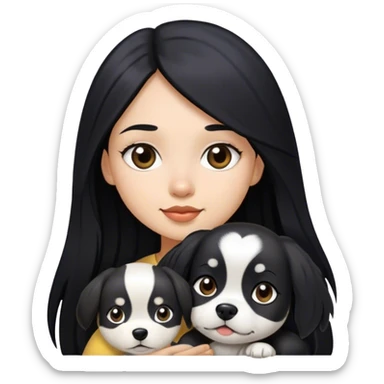 Menina com cabelo longo e preto com uma cadelinha preta e branca  sticker