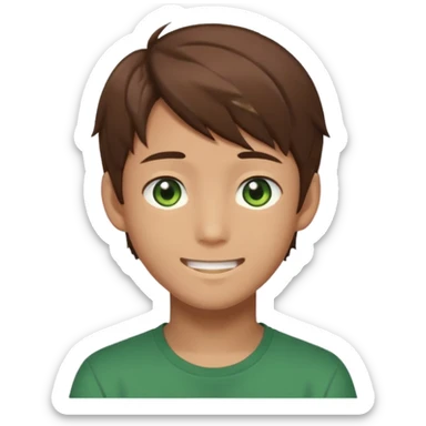 Discord emoji. the face of an Anime asian style teen boy with brown hair, green eyes, looking smiling slightly sideways positioned. Face must be main filling of the frame.  128px sticker