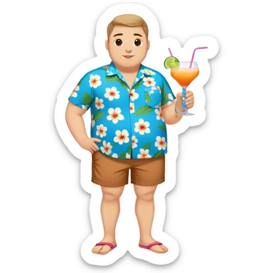 chubby guy full figure in a flowered azure havai shirt, brown shorts and flippers holding a cocktail sticker