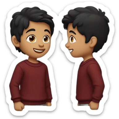 light skin smiling indian kid with black hair wearing a dark red sweater pointing sticker