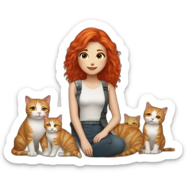 red haired girl with manu cats around sticker