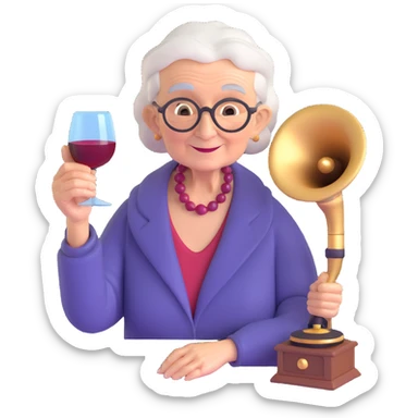 old lady with wineglass listening to gramophone sticker