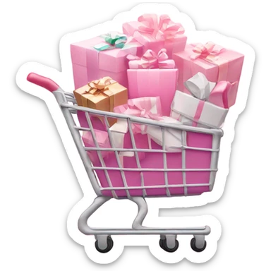 shopping cart wrapped in Christmas lights  full of light pink gift bags sticker