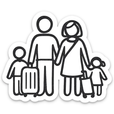 una familia viajando, estilo minimalista, minimalistic hand drawn icon style sticker