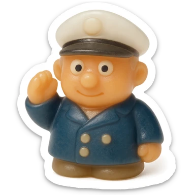 Make the boat captain much more transparent and match the exact retro 90's toy style of the previous ocean animal emojis. Use natural colors (tan skin, white captain's hat, navy jacket), derpy eyes, no tag, no background. Soft plastic, soft reflections, soft and squishy, some cloudiness, not shiny, highly detailed, appealing. The style should resemble retro 90's soft plastic toy style with soft reflections and cloudiness, not shiny. sticker