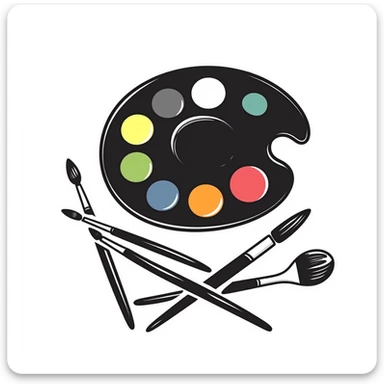 Detailed artist's palette with colorful paint blobs, palette holes, and paintbrushes nearby. Detailed and intricate doodle style. sticker