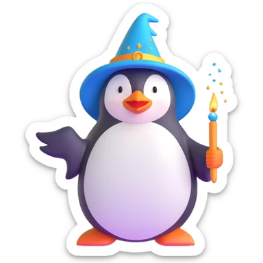 penguin wizard casting a spell with sparkles around sticker