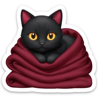Black cat cuddling with marroon blanket sticker